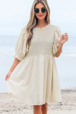 Sale Dear-Lover Textured Ruffled Puff Sleeve Loose Dress White