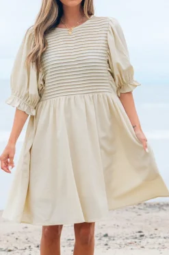 Sale Dear-Lover Textured Ruffled Puff Sleeve Loose Dress White