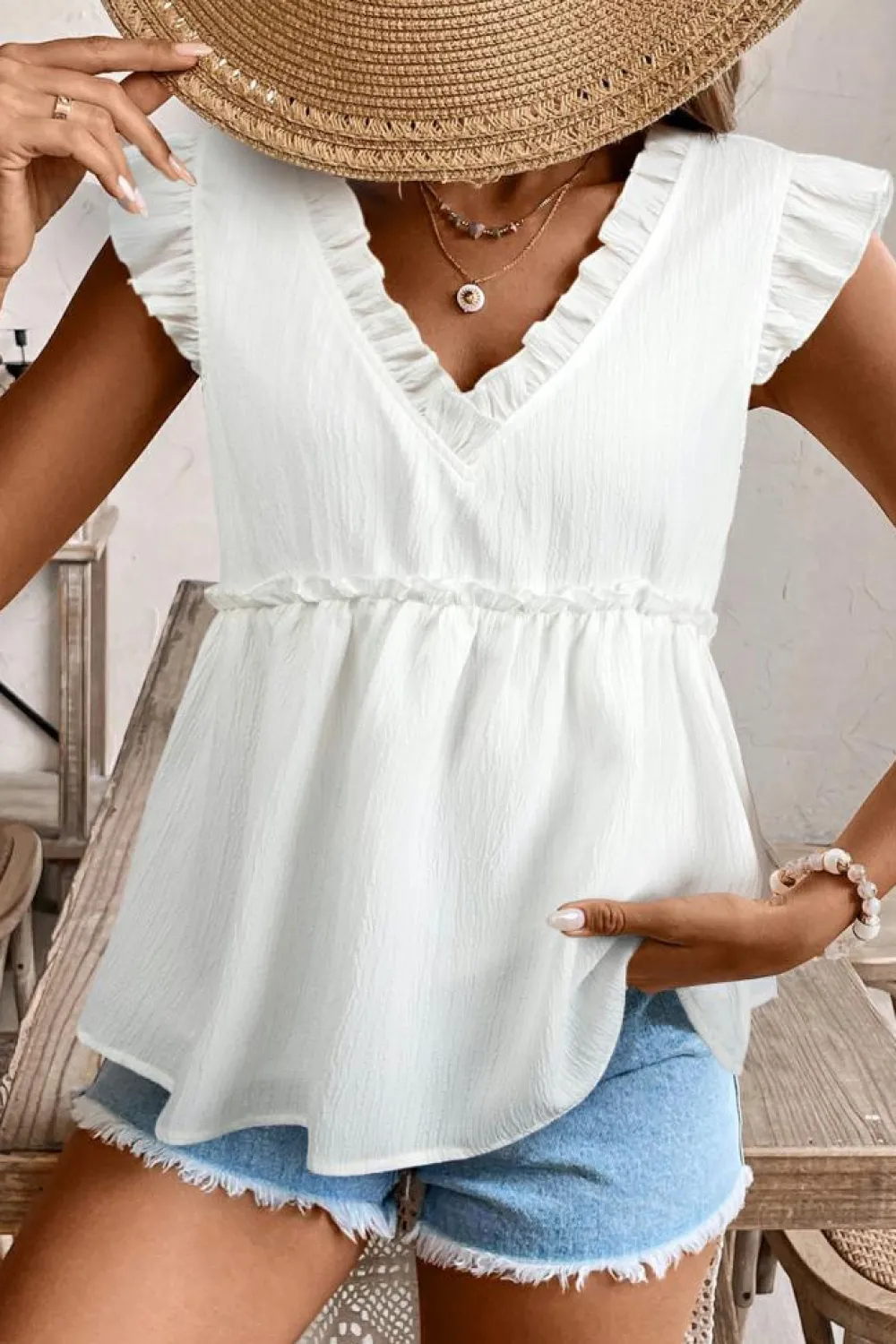 Clearance Dear-Lover Textured Ruffled Trim V Neck Flutter Flowy Top White