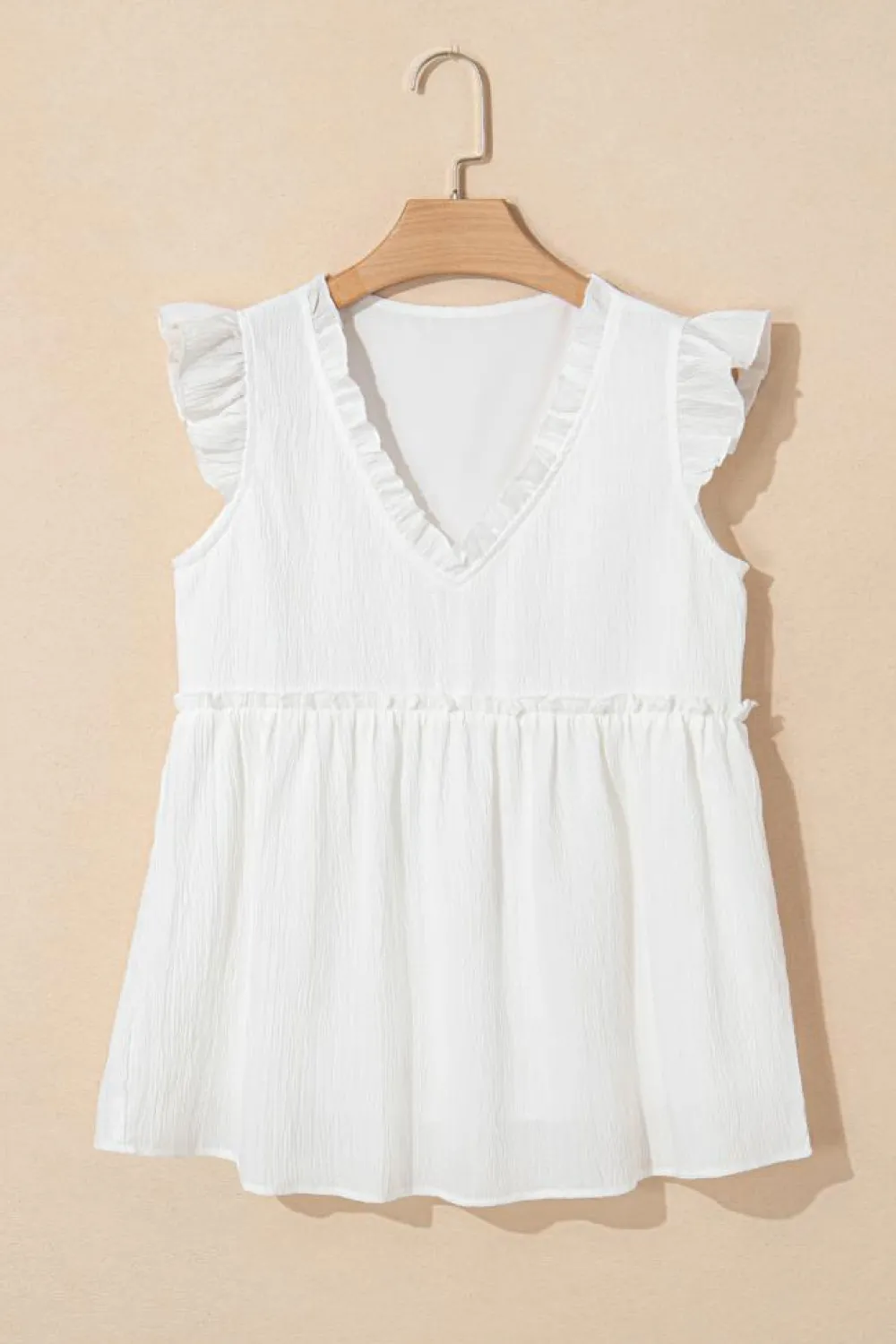 Clearance Dear-Lover Textured Ruffled Trim V Neck Flutter Flowy Top White