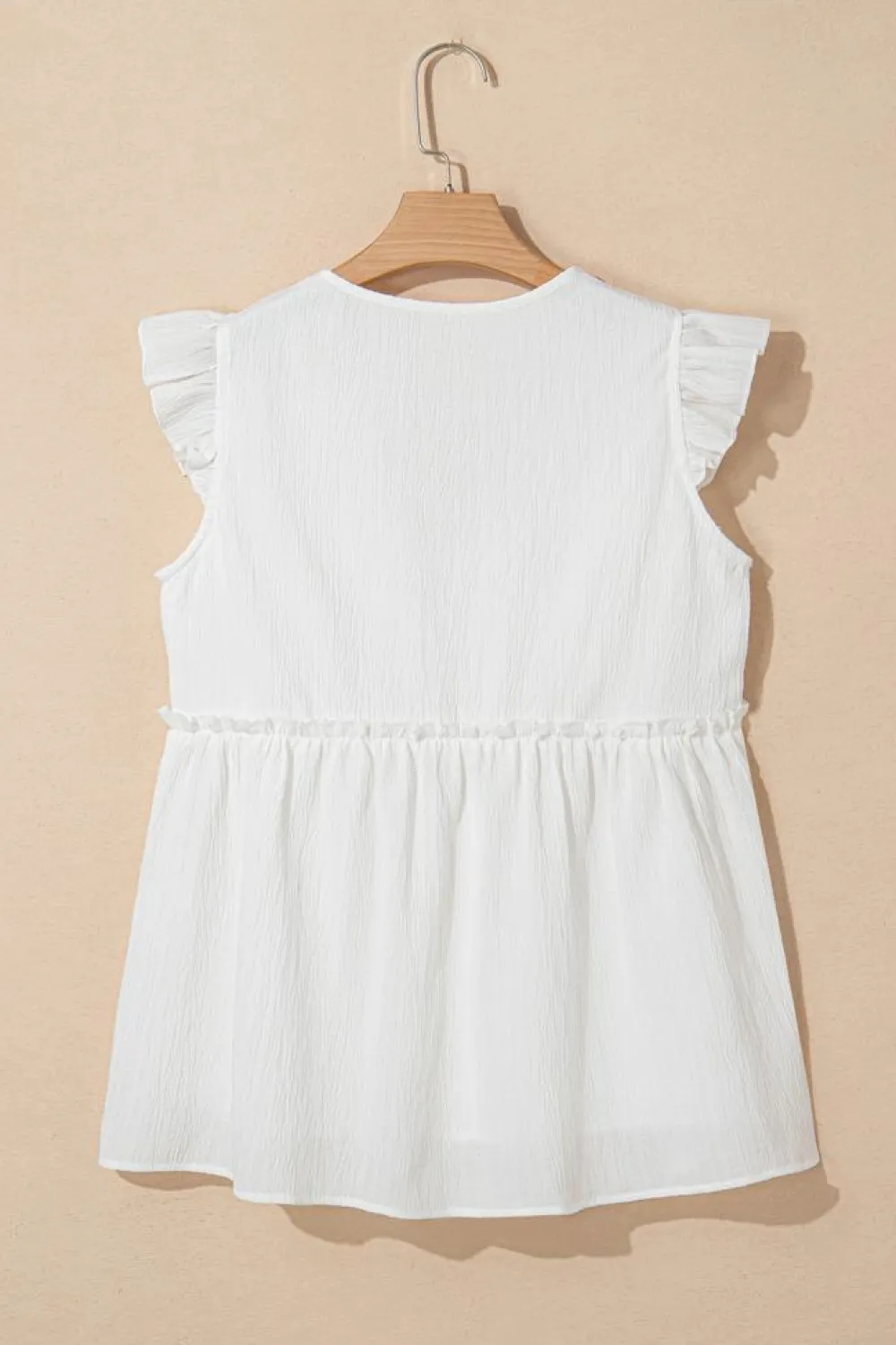 Clearance Dear-Lover Textured Ruffled Trim V Neck Flutter Flowy Top White