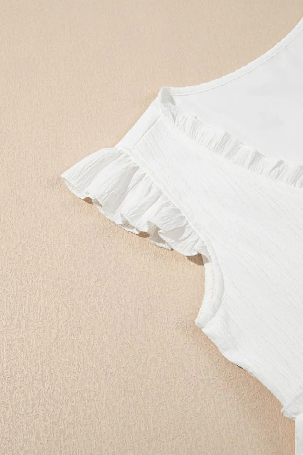 Clearance Dear-Lover Textured Ruffled Trim V Neck Flutter Flowy Top White