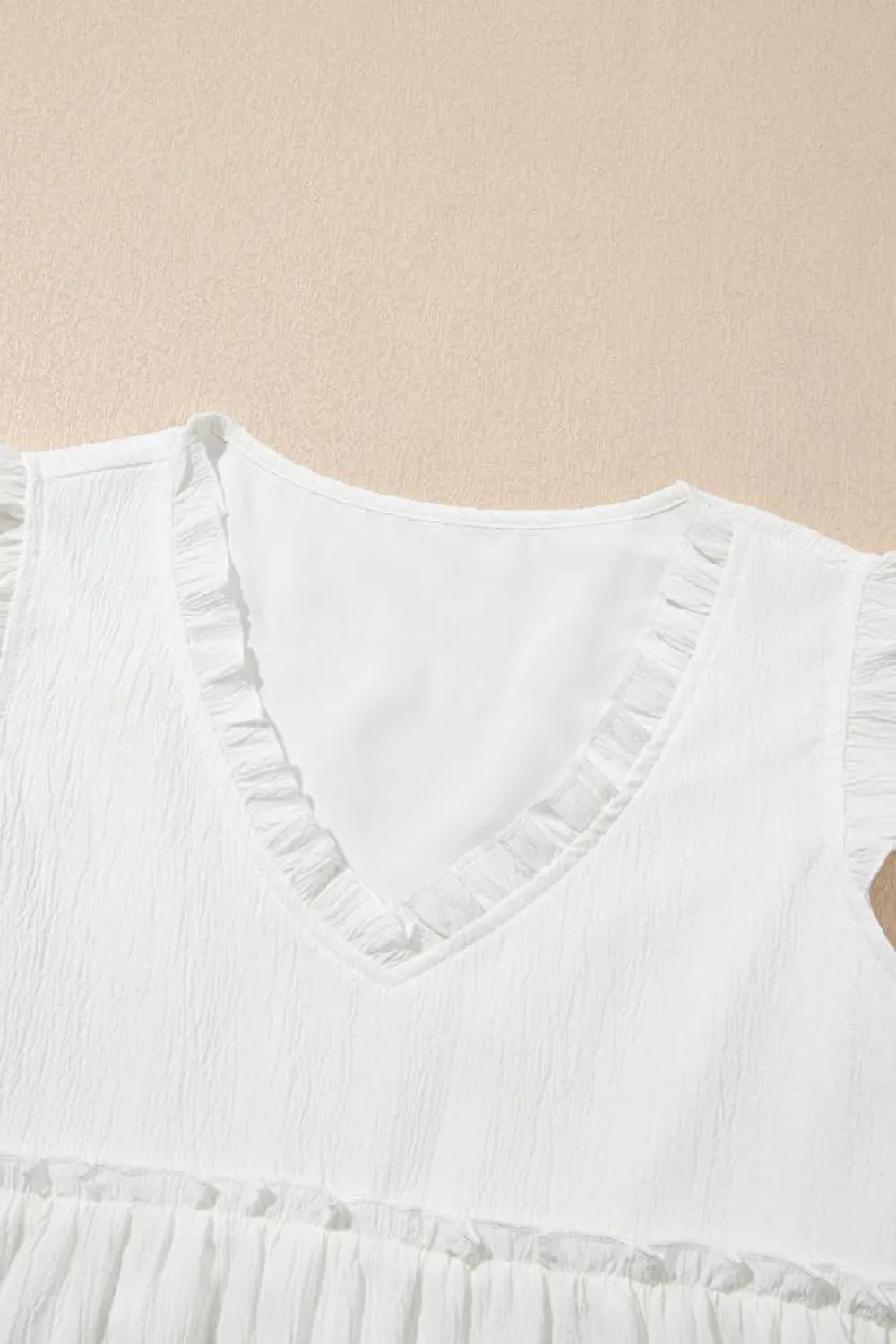 Clearance Dear-Lover Textured Ruffled Trim V Neck Flutter Flowy Top White