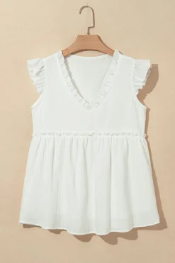 Clearance Dear-Lover Textured Ruffled Trim V Neck Flutter Flowy Top White