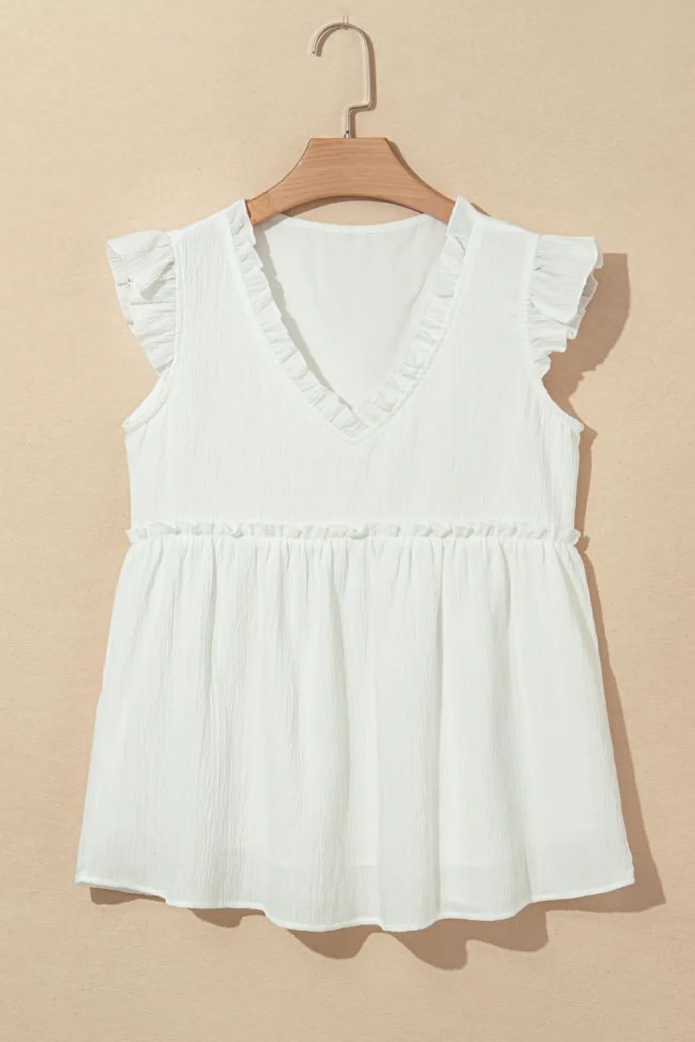 Clearance Dear-Lover Textured Ruffled Trim V Neck Flutter Flowy Top White