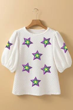 Online Dear-Lover Textured Sequin Mardi Gras Star Graphic Puff Sleeve Blouse White