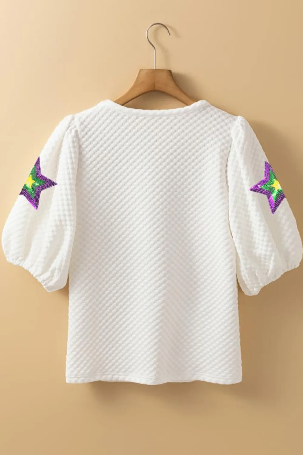 Online Dear-Lover Textured Sequin Mardi Gras Star Graphic Puff Sleeve Blouse White