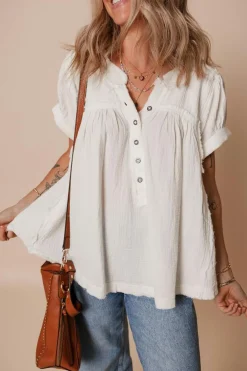 Online Dear-Lover Textured Short Sleeve Buttons Frayed Blouse White