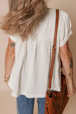 Online Dear-Lover Textured Short Sleeve Buttons Frayed Blouse White