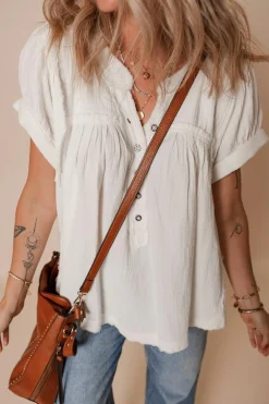 Online Dear-Lover Textured Short Sleeve Buttons Frayed Blouse White