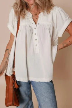 Online Dear-Lover Textured Short Sleeve Buttons Frayed Blouse White