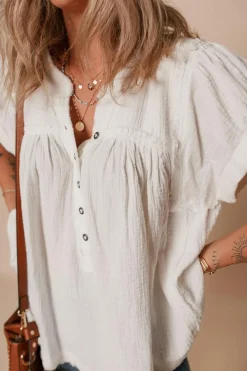 Online Dear-Lover Textured Short Sleeve Buttons Frayed Blouse White