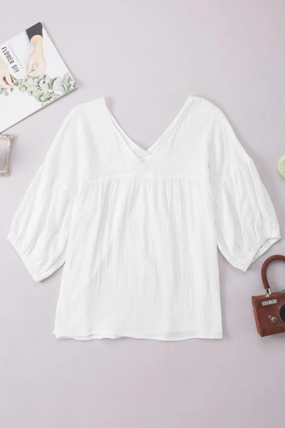 Online Dear-Lover Textured V Neck Bracelet Sleeve Babydoll Blouse White
