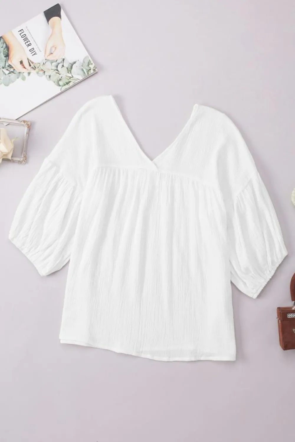 Online Dear-Lover Textured V Neck Bracelet Sleeve Babydoll Blouse White