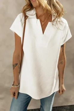 Hot Dear-Lover Textured V Neck Collared Short Sleeve Top White