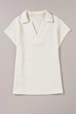 Hot Dear-Lover Textured V Neck Collared Short Sleeve Top White