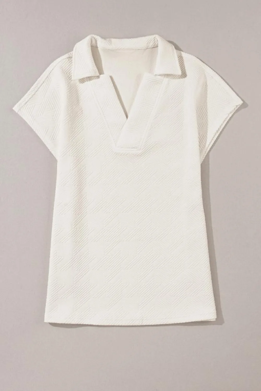 Hot Dear-Lover Textured V Neck Collared Short Sleeve Top White