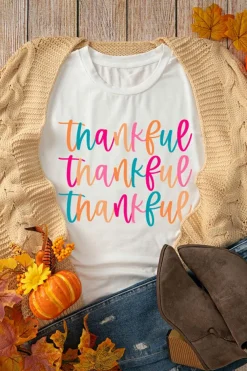 Clearance Dear-Lover Thankful Printed Crewneck Thanksgiving T Shirt White