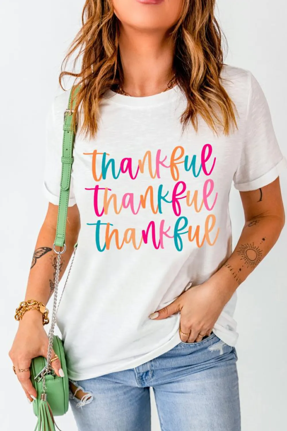 Clearance Dear-Lover Thankful Printed Crewneck Thanksgiving T Shirt White