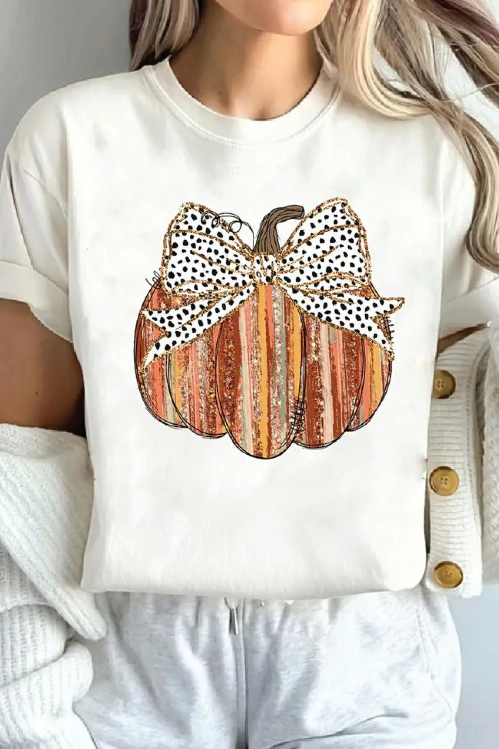Clearance Dear-Lover Thanksgiving Bow Knot Pumpkin Print Round Neck T Shirt White