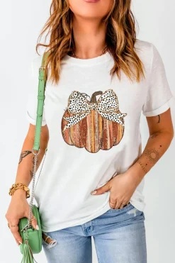 Clearance Dear-Lover Thanksgiving Bow Knot Pumpkin Print Round Neck T Shirt White