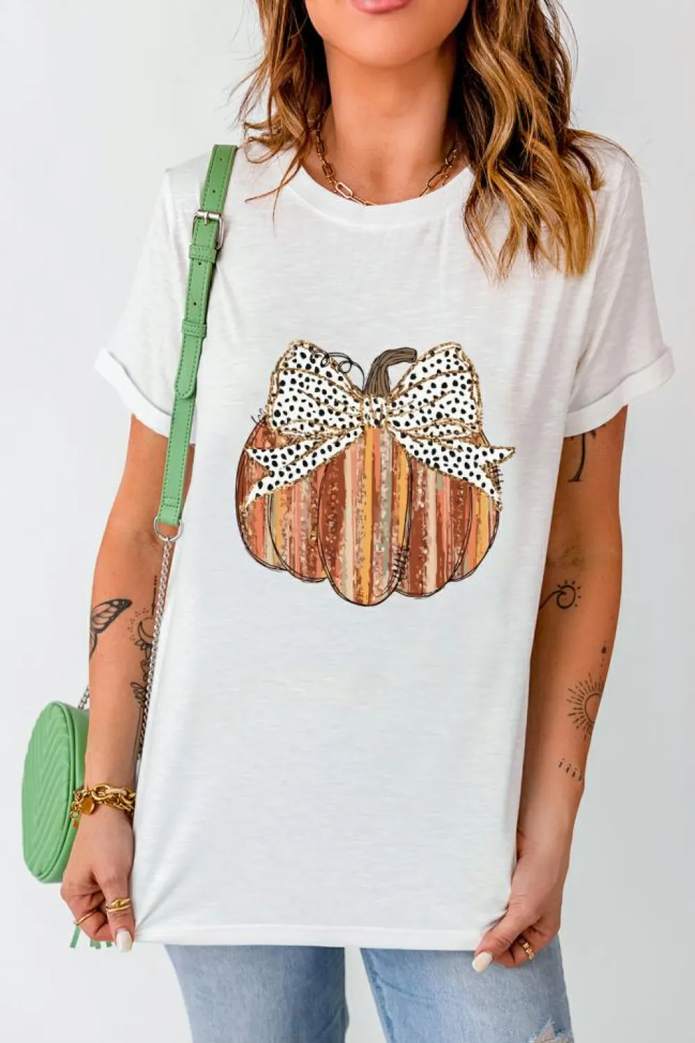 Clearance Dear-Lover Thanksgiving Bow Knot Pumpkin Print Round Neck T Shirt White