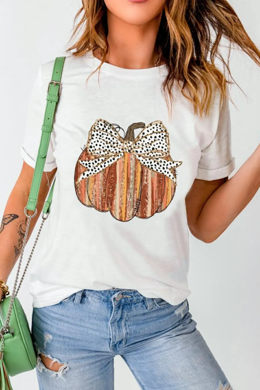 Clearance Dear-Lover Thanksgiving Bow Knot Pumpkin Print Round Neck T Shirt White