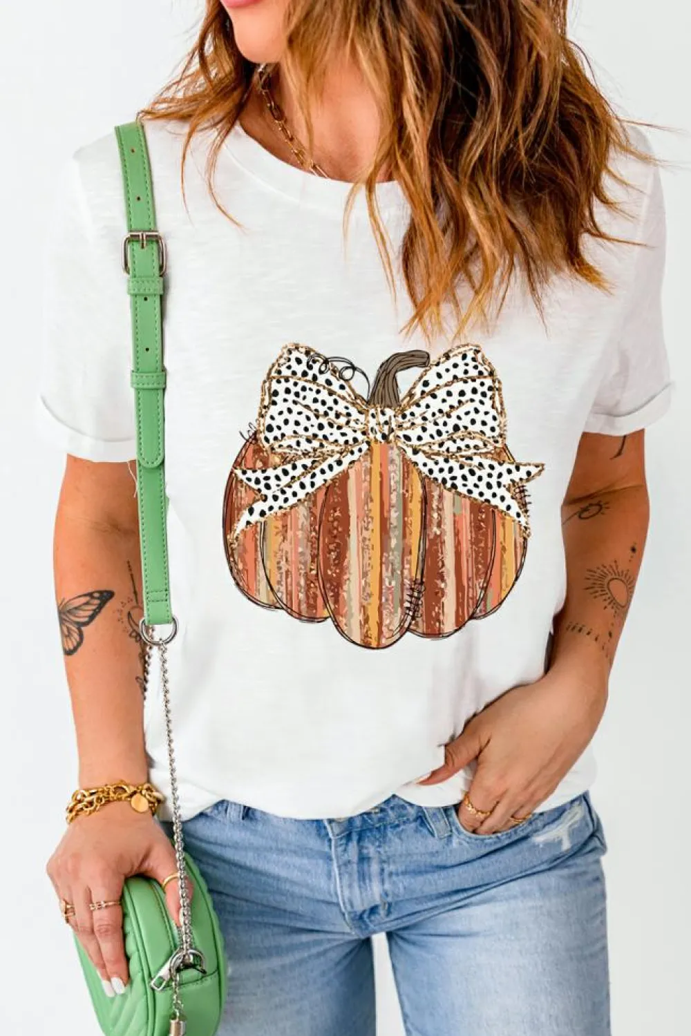Clearance Dear-Lover Thanksgiving Bow Knot Pumpkin Print Round Neck T Shirt White