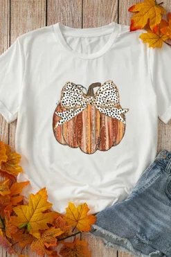 Clearance Dear-Lover Thanksgiving Bow Knot Pumpkin Print Round Neck T Shirt White