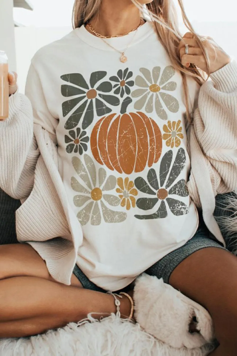 Online Dear-Lover Thanksgiving Pumpkin Print Loose Crewneck Tunic T Shirt White