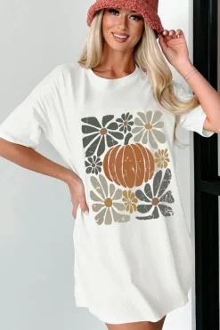 Online Dear-Lover Thanksgiving Pumpkin Print Loose Crewneck Tunic T Shirt White