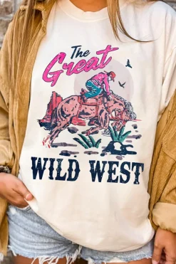 Fashion Dear-Lover The Great WILD WEST Rodeo Graphic Crew Neck T Shirt White