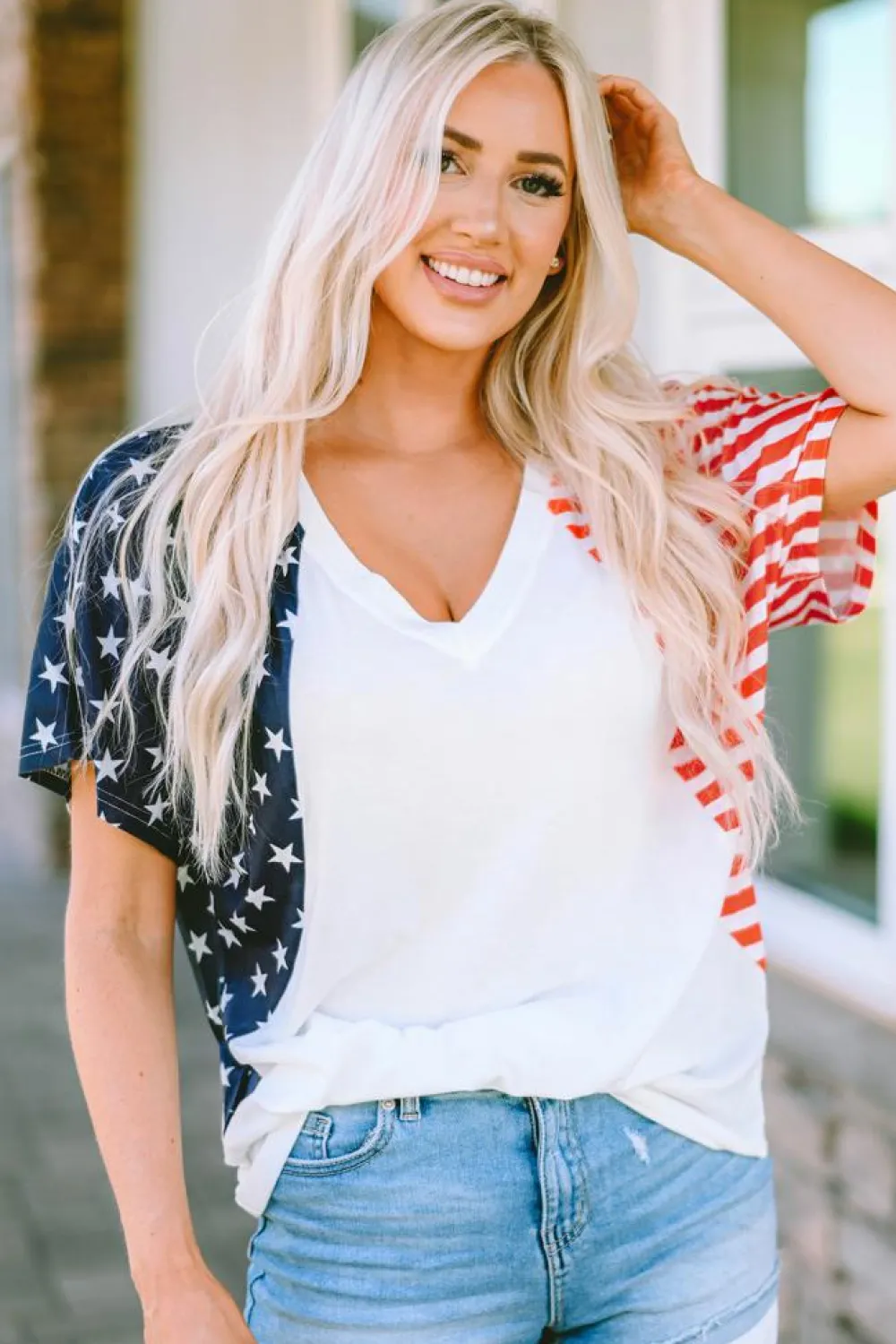 Best Dear-Lover The US Stars and Stripes V Neck Tee White