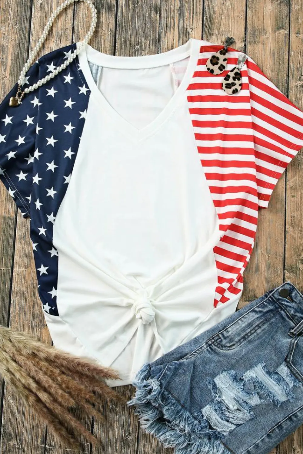 Best Dear-Lover The US Stars and Stripes V Neck Tee White