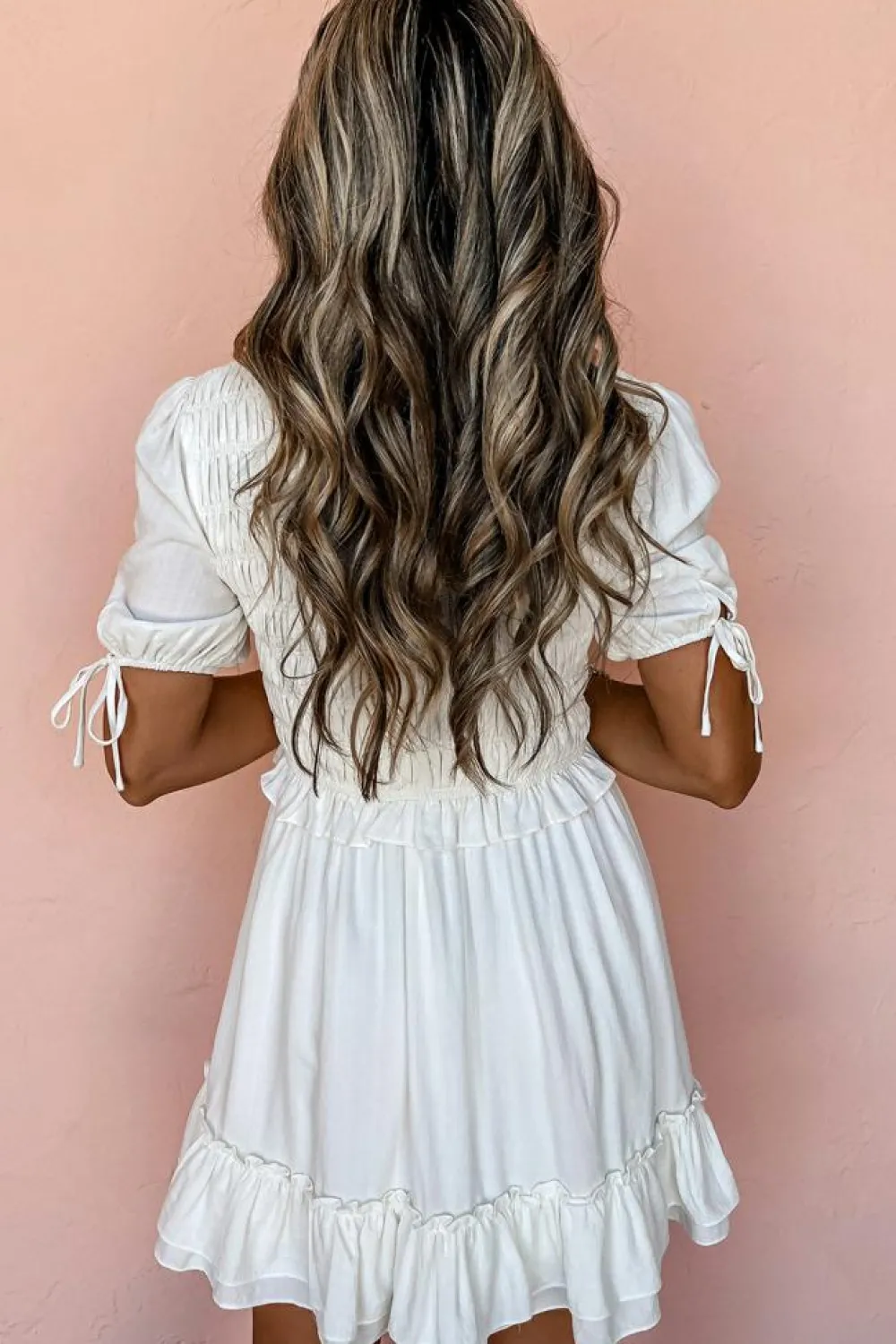 Sale Dear-Lover Tie Short Sleeves Smocked Ruffle Mini Dress White