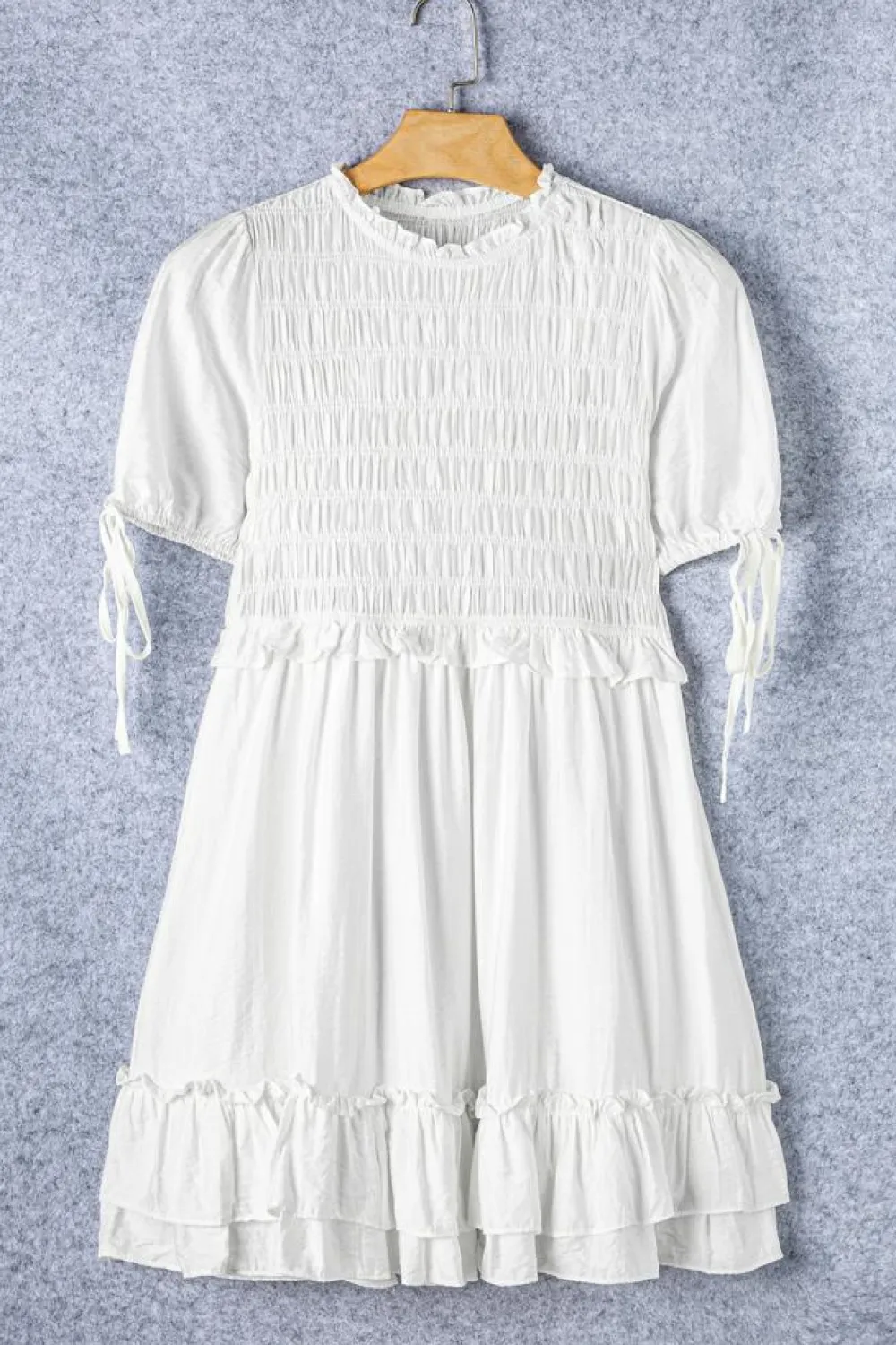 Sale Dear-Lover Tie Short Sleeves Smocked Ruffle Mini Dress White