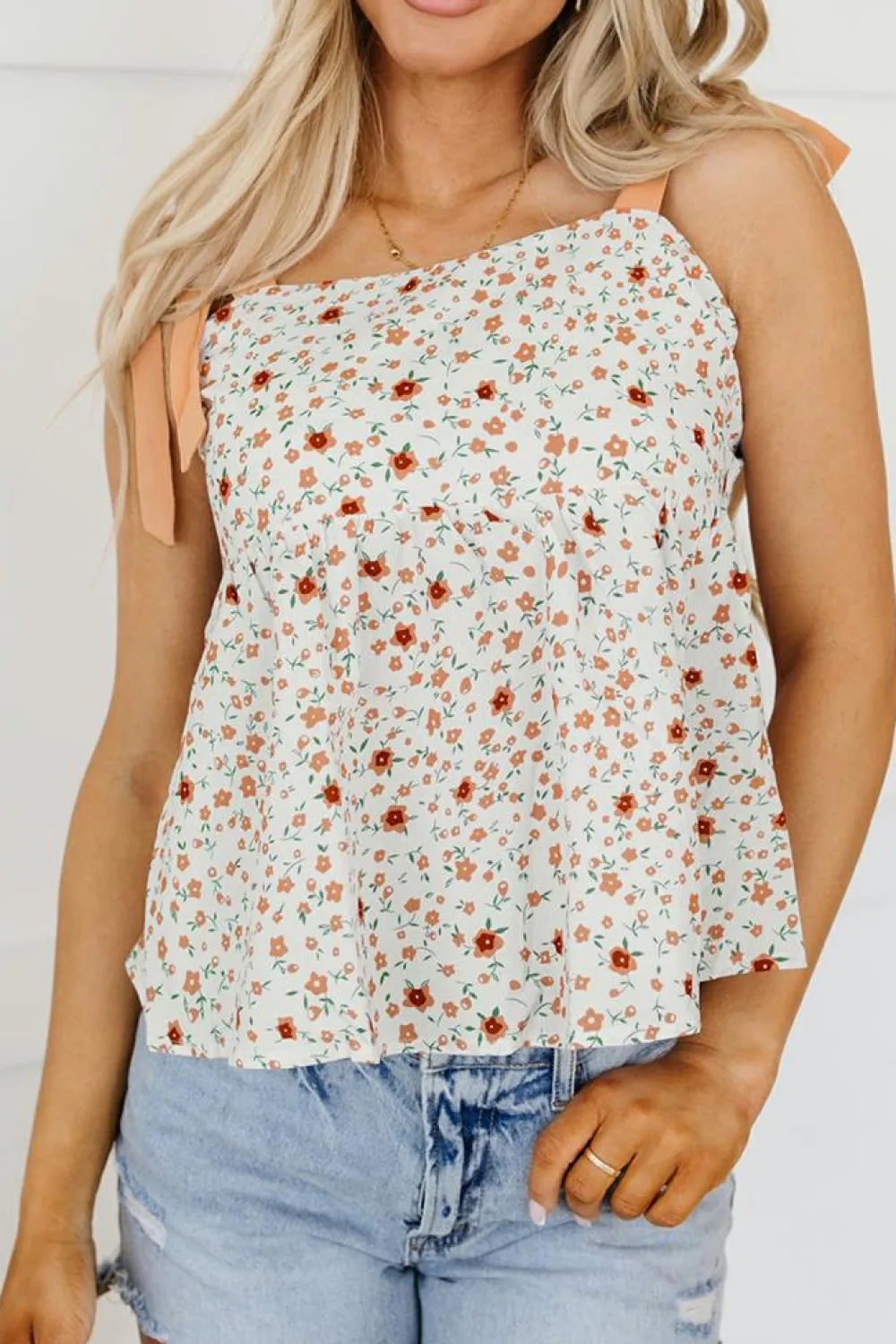 Outlet Dear-Lover Tied Shoulder Floral Print Babydoll Tank White