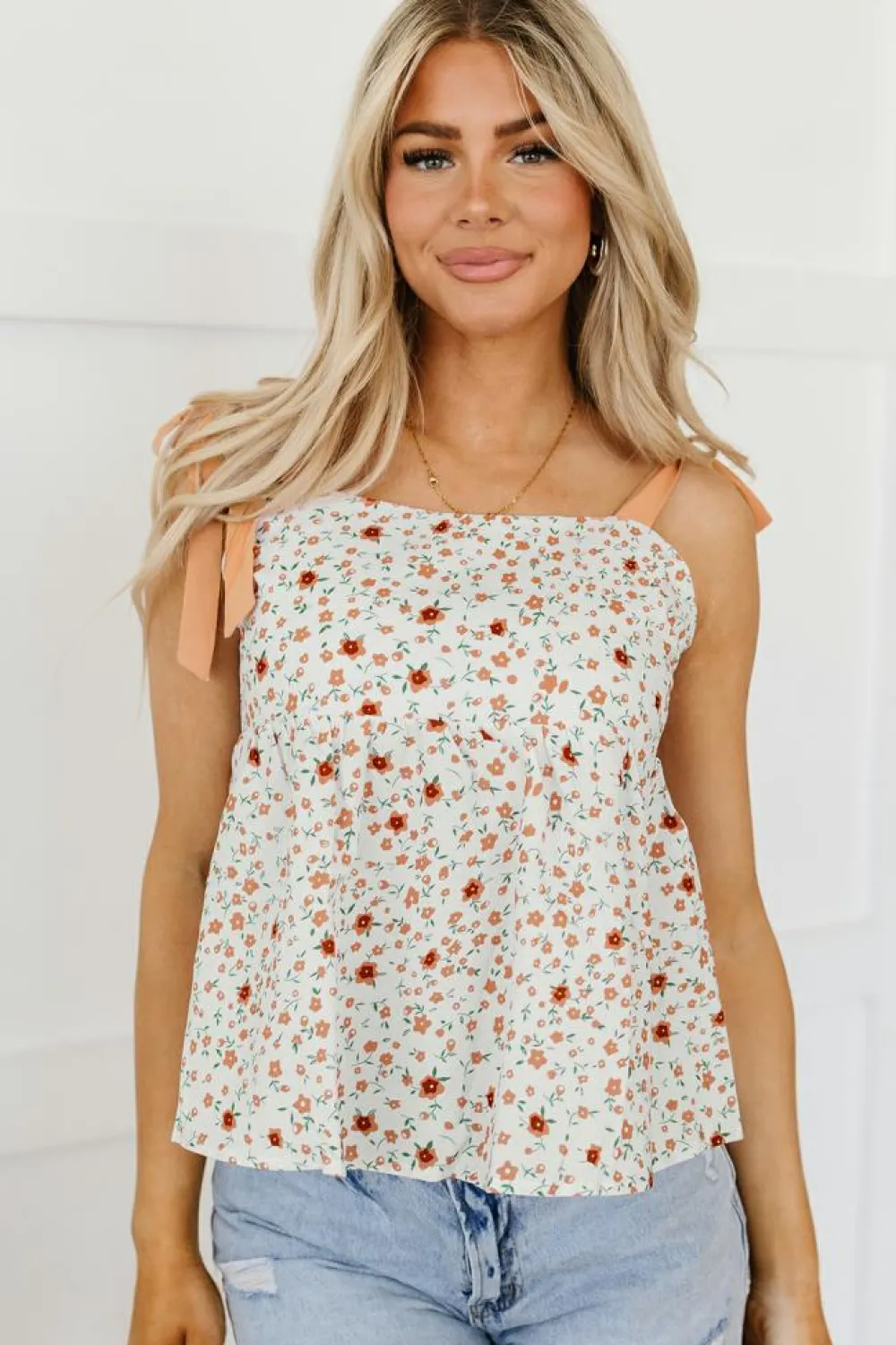 Outlet Dear-Lover Tied Shoulder Floral Print Babydoll Tank White