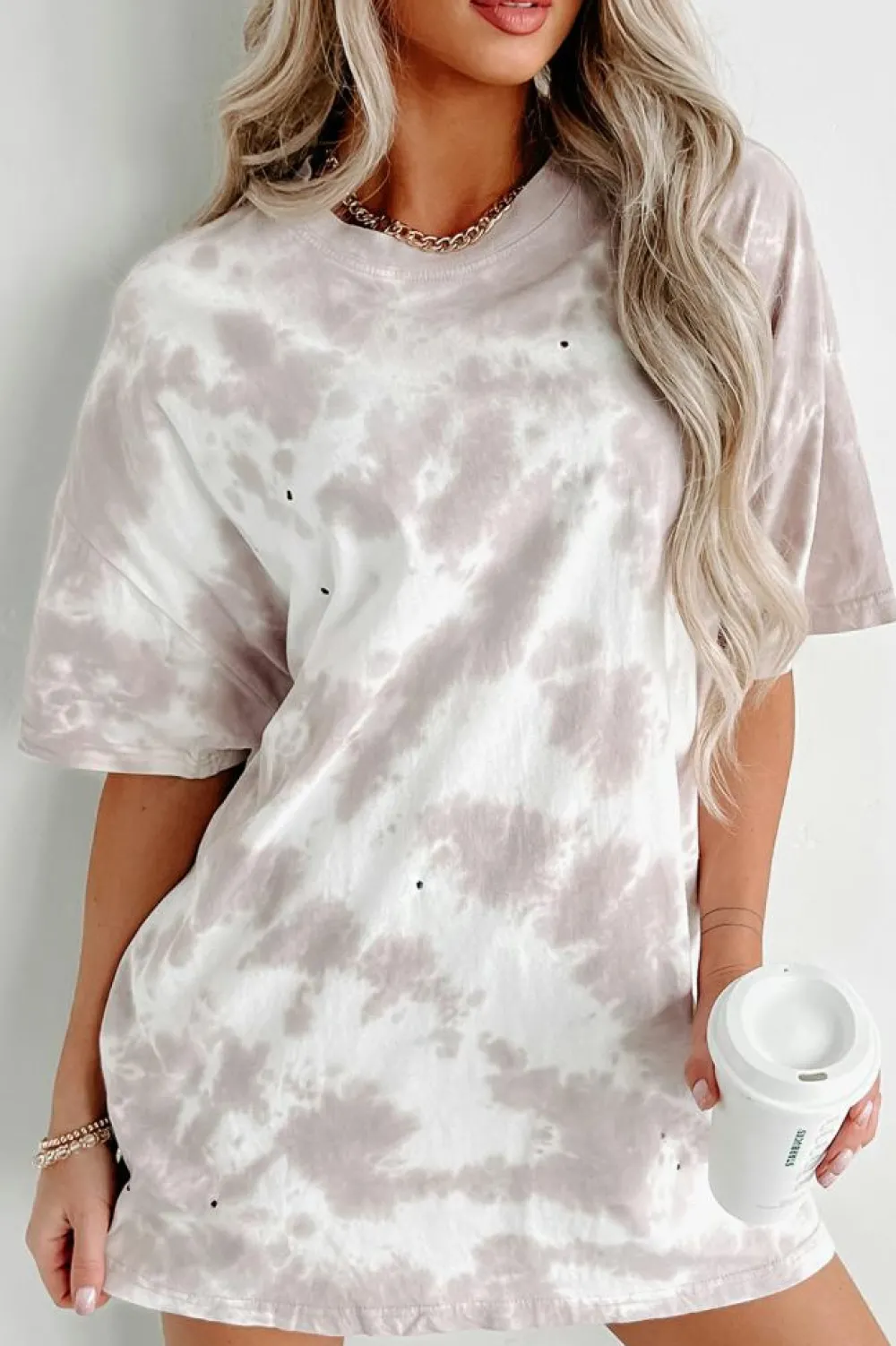 Online Dear-Lover Tie-dye Round Neck Short Sleeve Top White