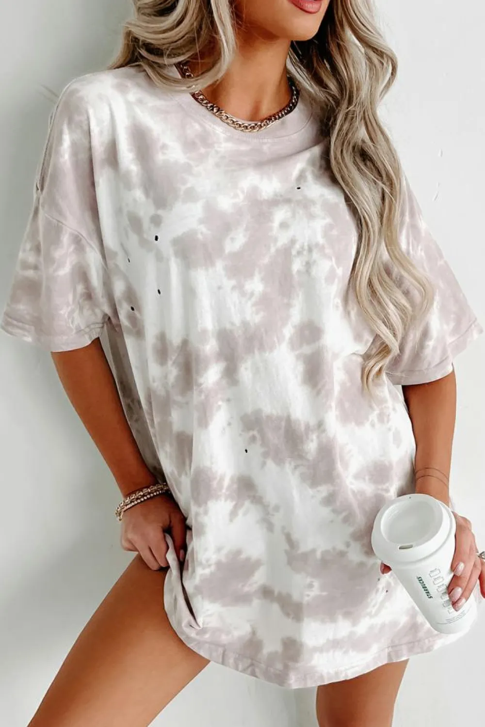 Online Dear-Lover Tie-dye Round Neck Short Sleeve Top White