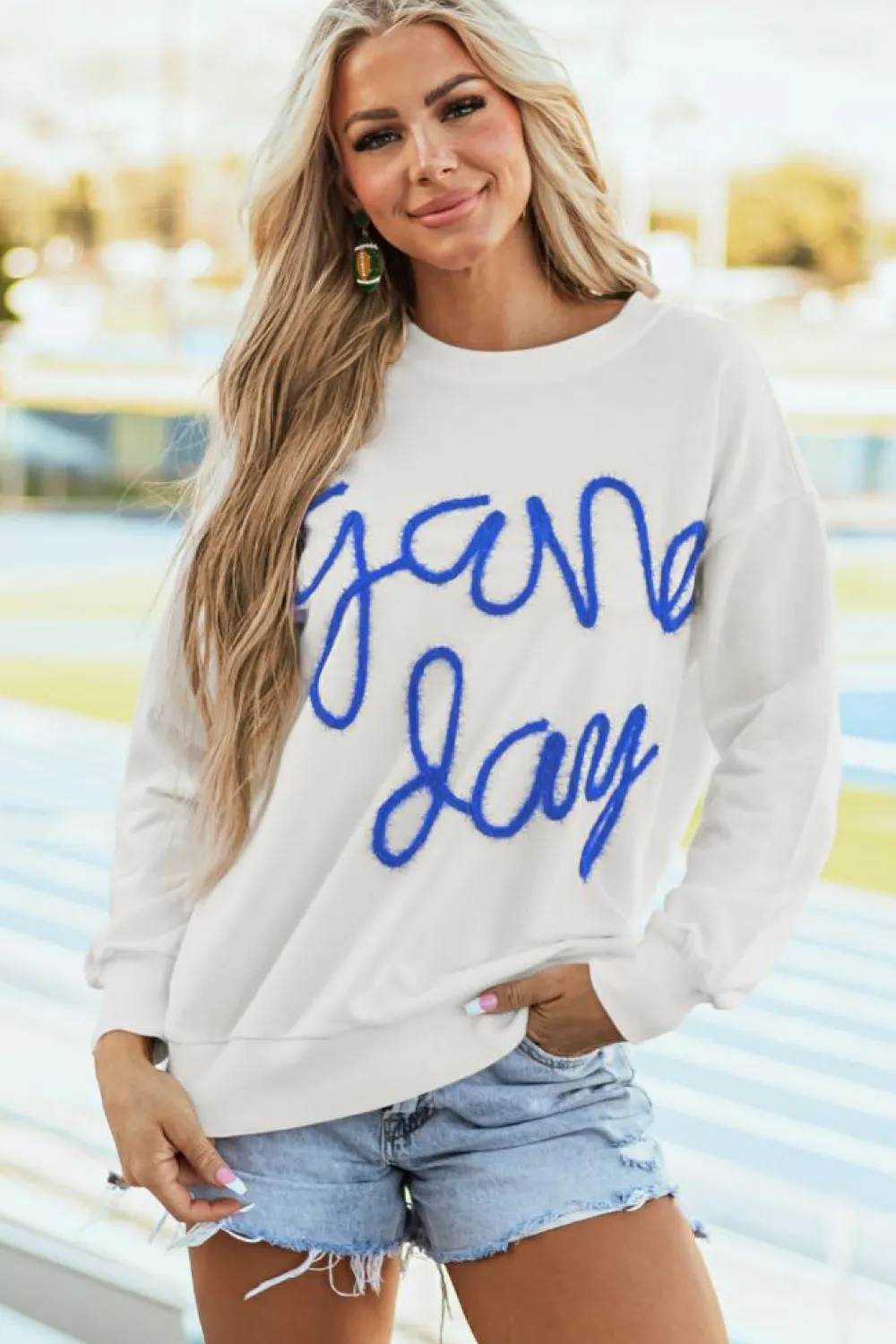 Hot Dear-Lover Tinsel Game Day Drop Shoulder Graphic Sweatshirt White