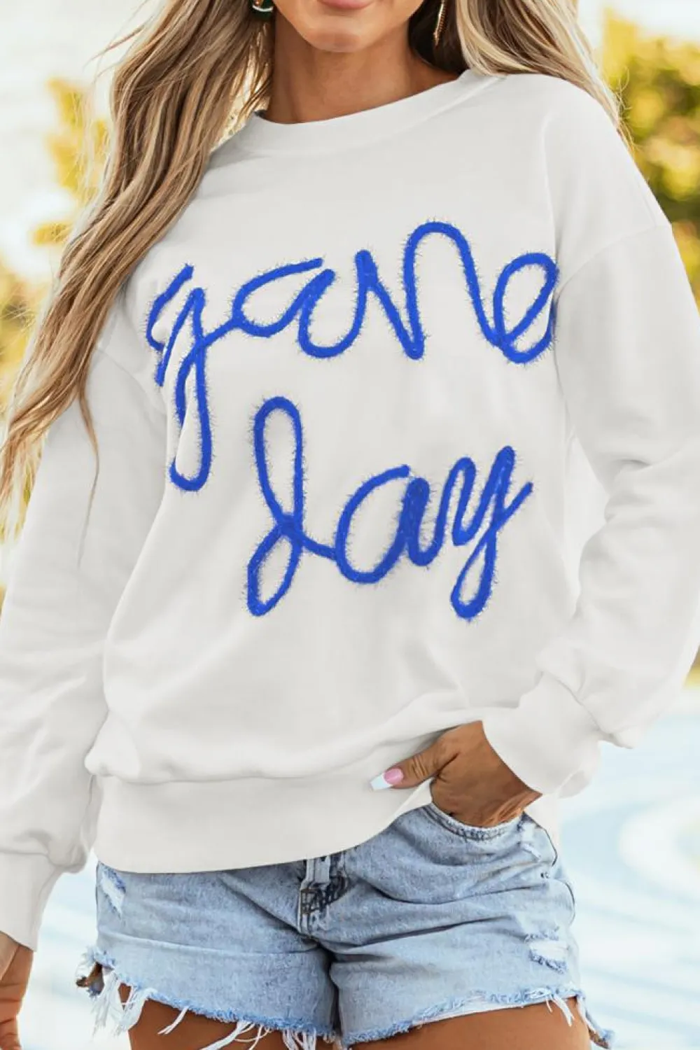 Hot Dear-Lover Tinsel Game Day Drop Shoulder Graphic Sweatshirt White