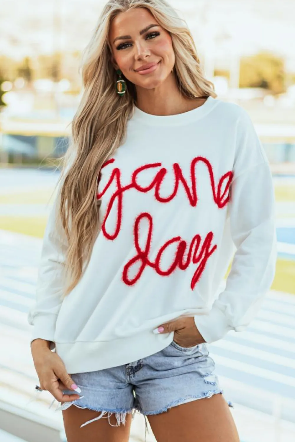 New Dear-Lover Tinsel Game Day Drop Shoulder Graphic Sweatshirt White