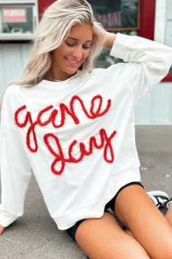 New Dear-Lover Tinsel Game Day Drop Shoulder Graphic Sweatshirt White