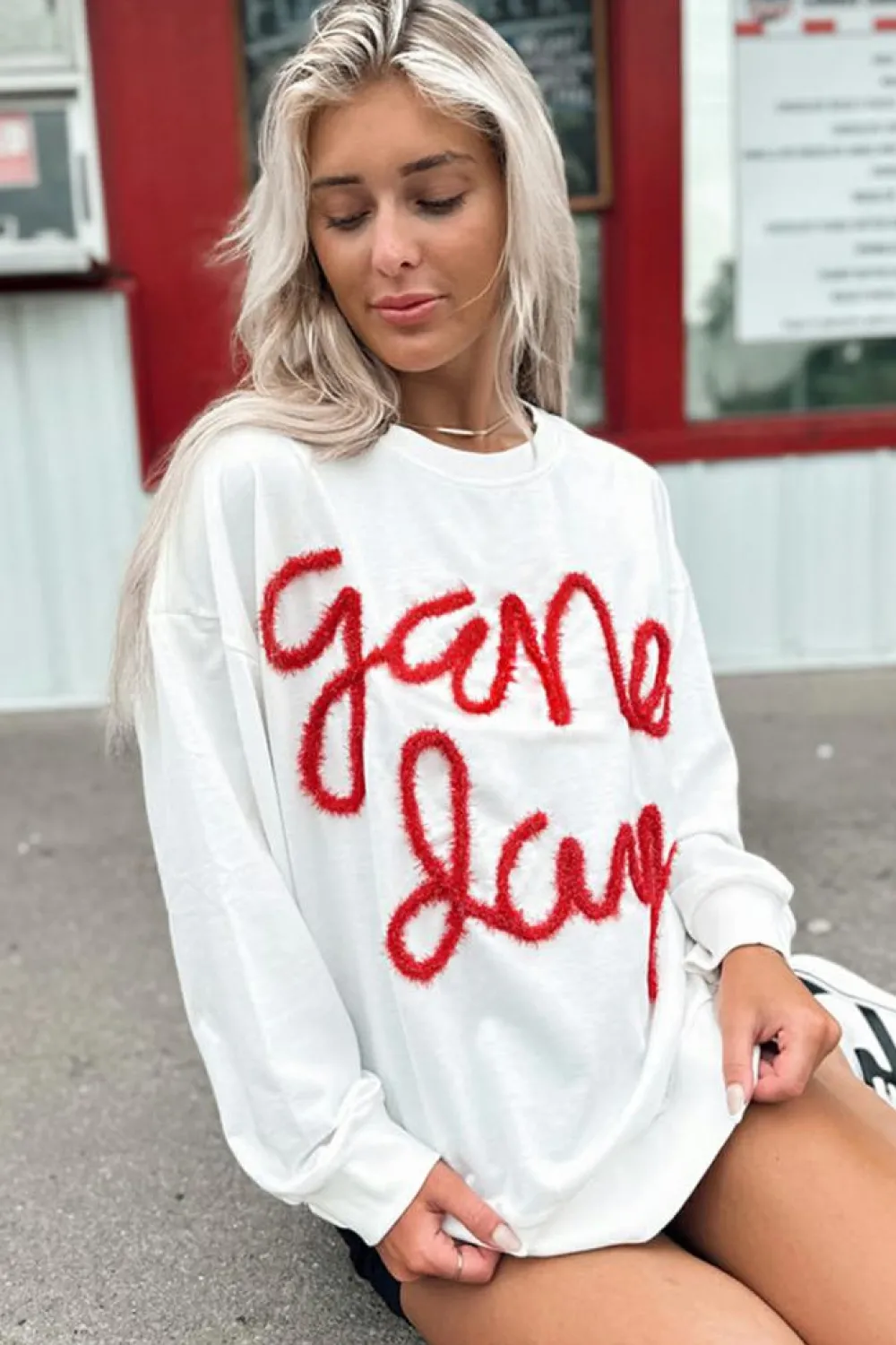 New Dear-Lover Tinsel Game Day Drop Shoulder Graphic Sweatshirt White