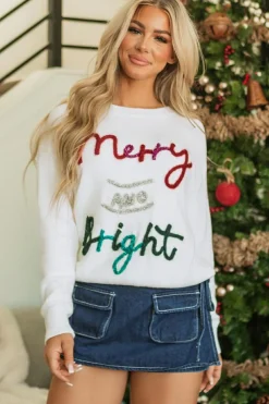 Discount Dear-Lover Tinsel Merry and Bright Graphic Christmas Sweater White
