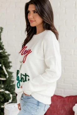 Discount Dear-Lover Tinsel Merry and Bright Graphic Christmas Sweater White