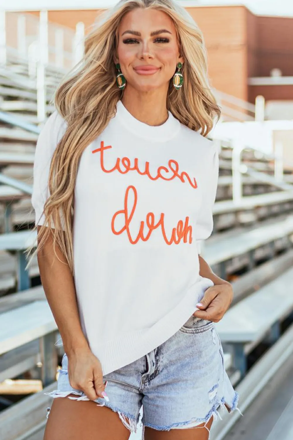Clearance Dear-Lover Touchdown Tinsel Puff Short Sleeve Crew Neck Sweater White