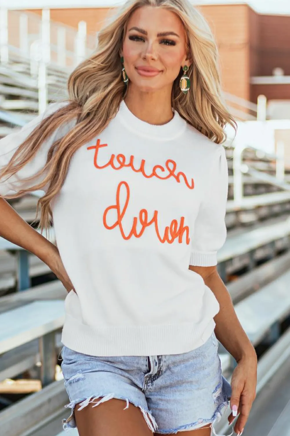 Clearance Dear-Lover Touchdown Tinsel Puff Short Sleeve Crew Neck Sweater White