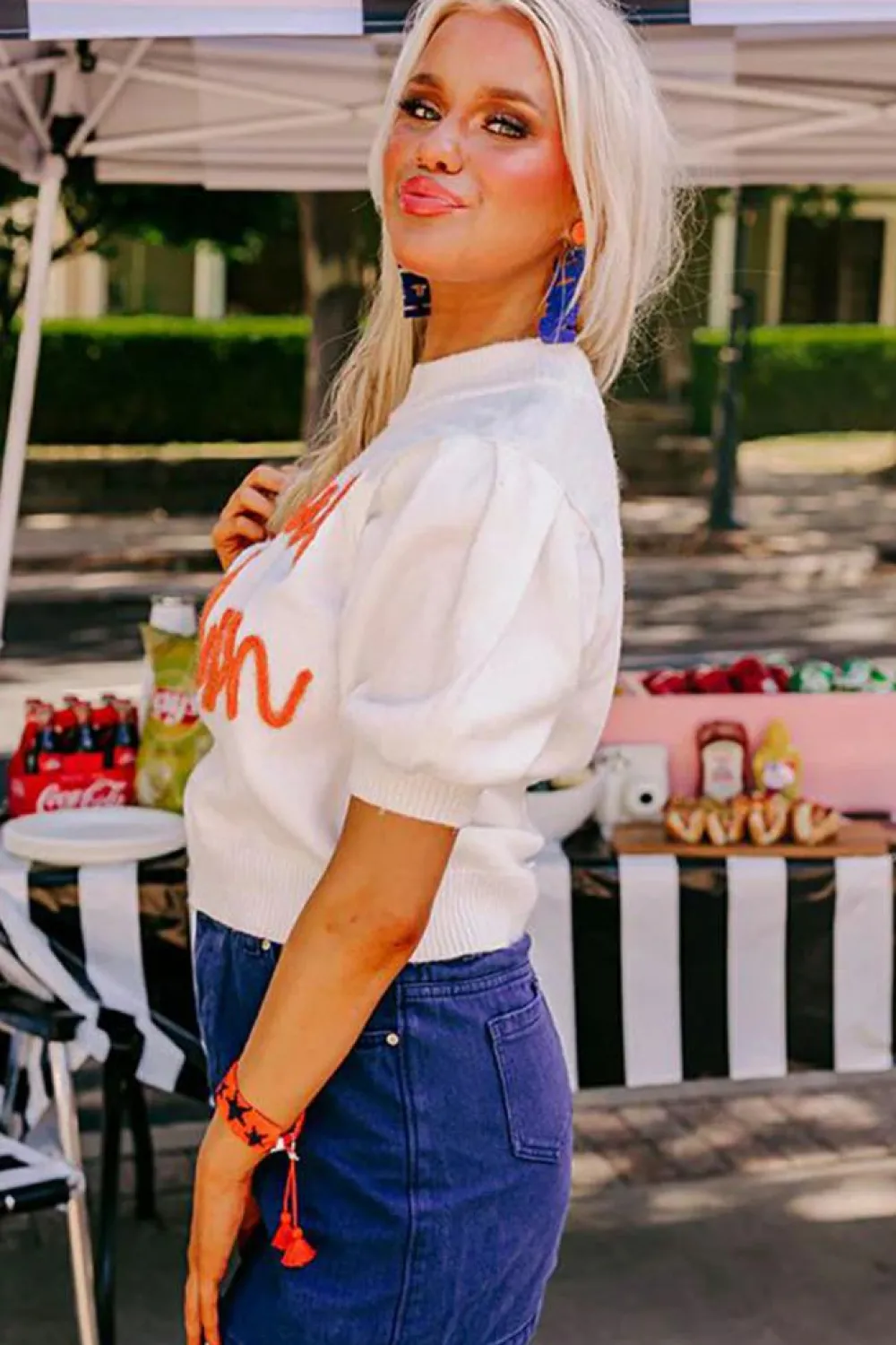 Clearance Dear-Lover Touchdown Tinsel Puff Short Sleeve Crew Neck Sweater White